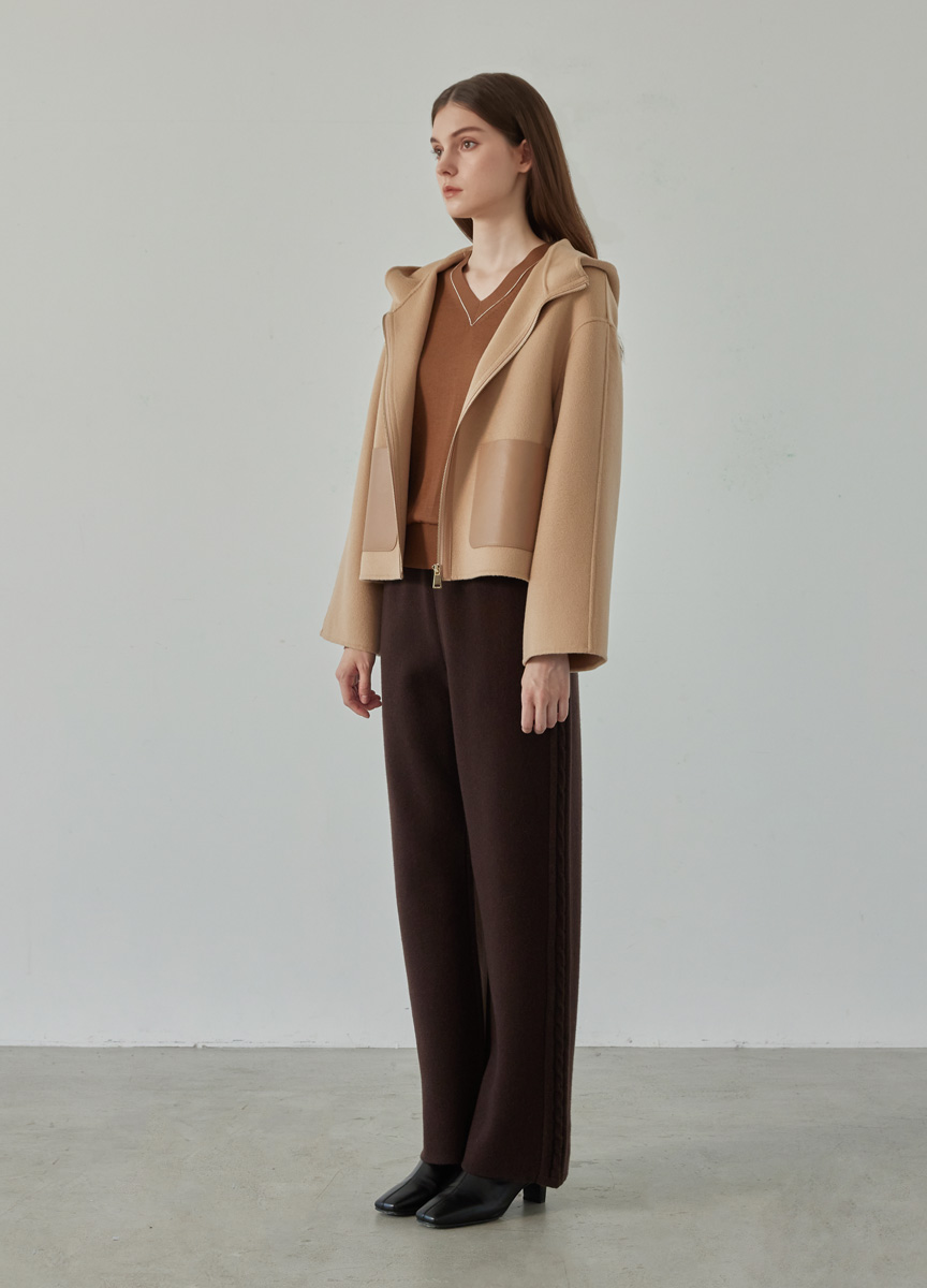 側邊麻花造型抽繩針織長褲